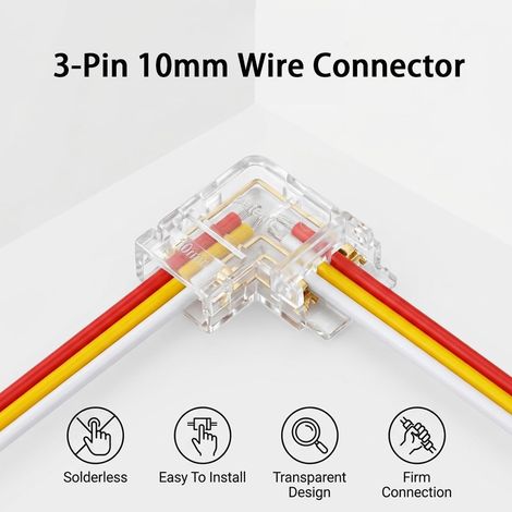 Kit Connecteur LED 3 Broches 10mm COB CCT, 10 Connecteurs Transparents 3-Pin 10mm, 4 Connecteurs Angle en L 3Pin, 2 Câbles 15cm 22AWG, Connecteur Bande LED Sans Soudure pour Ruban COB 2835 2216