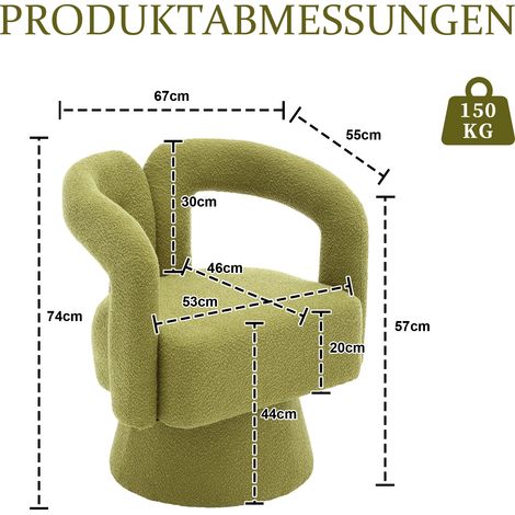 Fauteuil pivotant 360°, assise large et rembourrée, housse en tissu velouté olive pour salon, chambre, bureau ou salle d'attente.
