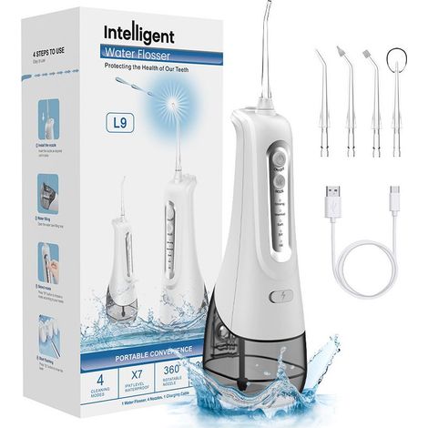 Hydropulseur dentaire sans fil – 4 modes de nettoyage – 4 buses interchangeables – IPX7 étanche – USB rechargeable – Nettoyage 360° (1/5)