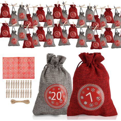 Wolketon 24 Calendario de Adviento de tela-Bolsa,24 pegatinas digitales,DIY Navidad Regalos Bolsas a,Colgantes decorativos Bolsas, Pequeños Objetos Bolsa de Almacenamiento,rojo/gris