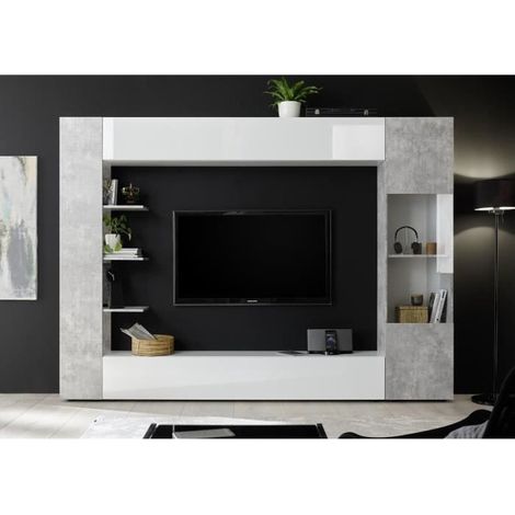 Les Tendances – Composition murale TV contemporaine – Laqué blanc et béton – L295 x P30 x H187 cm – 2 meubles haut 1 porte et 2 niches (1/8)