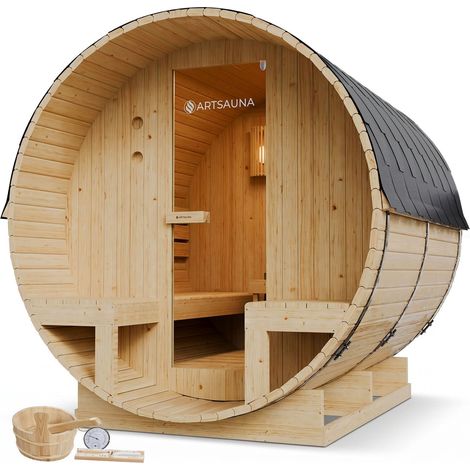 Sauna a botte Spitzbergen con stufa 220 cm con due panche Per 2-6 persone Ø 190 cm Stufa da 3,6-8 kW