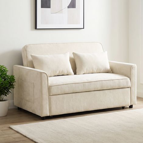 Canapé Convertible 2 Places 3 en 1, Canapé-Lit Clic Clac en Chenille 142 cm, Dossier Réglable, 2 Oreillers, Beige (1/5)