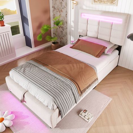 Sommier 90x200 cm, commande application, LED, hydraulique, sans matelas, USB, toile beige (1/5)