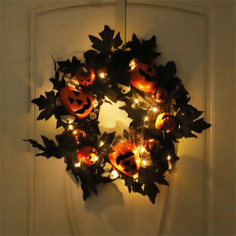 Guirlande Halloween - Couronne Décorative Porte Intérieur Extérieur - Visage Fantôme Citrouille Feuilles Érable Simulées - 40 cm (1/4)