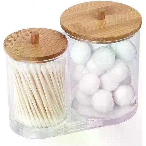 Online Store - Boîte de rangement en acrylique pour salle de bain, pot de maquillage, organisateur de maquillage, porte-disques de coton, boîte à cotons-tiges avec couvercle en bambou. (1/5)