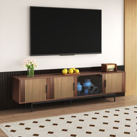 Meuble TV bas avec texture sculptée, meuble téléviseur moderne avec bande LED intégrée et porte en verre trempé, rangement design pour salon. (1/5)