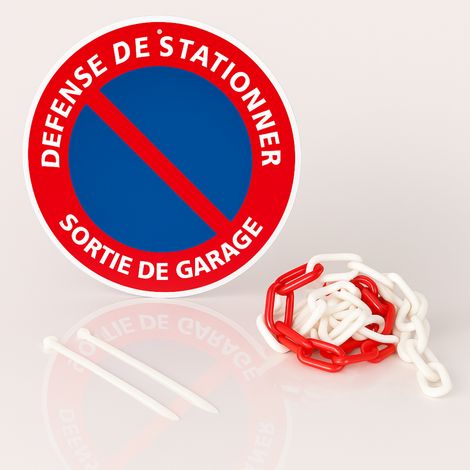 Défense de stationner sortie de garage disque rigide prépercé avec chaine plastique rouge/blanc avec collier de serrage de serrage - panneau signalisation Diamètre 300 mm