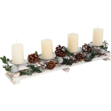 [NUNCA USADO] Arreglo de Adviento HHG-797 con portavelas, Corona de Adviento Decoración navideña madera plata blanca 18x49x13cm, con velas