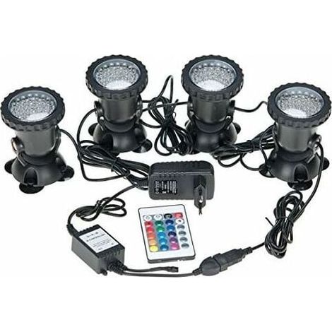 Spots sous marins étanches multicolores RVB pour aquarium avec télécommande pour bassin de jardin, aquarium, piscine, prise britannique (lot de 4 lumières) (1/5)