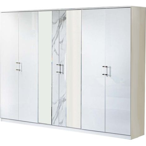 Grande armoire de chambre design 6 portes battantes bois blanc laqué et effet marbre Krystal 270cm (1/3)