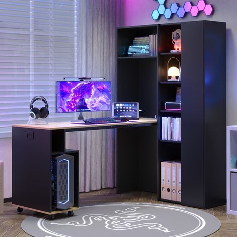 Modernluxe - Bureau d'angle pliable et mobile - Bibliothèque et bureau - Avec prise et port USB - Étagères réglables - Noir (1/5)