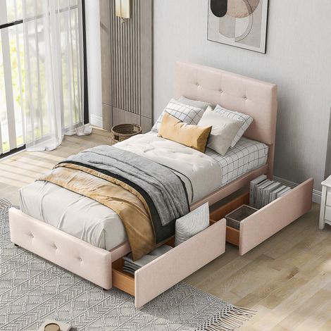 Letto singolo imbottito per bambini 90x200 cm con 2 cassetti e letto aggiuntivo, velluto, rosa, senza materasso (1/5)