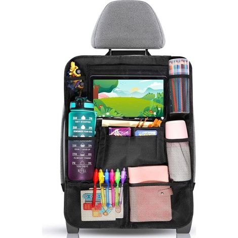 Organisateur Voiture Enfant, Rangement avec 10 Poches, Protege siege pour Tablette iPad 9.7' & 10.5', Organiseur pour Bouteilles Jouets Livres, Le Noir (1/3)
