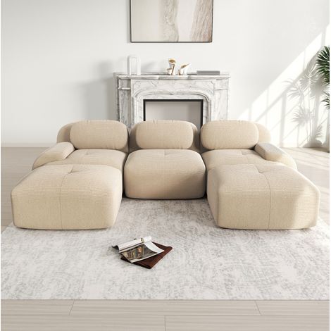 Divano angolare modulare in velluto a coste beige, senza struttura, senza montaggio, con imbottitura 32D e fondo antiscivolo (1/5)