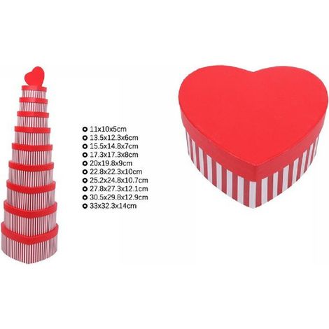 TrAdE Shop Traesio - Set 10pz Scatole Box Regali Varie Misure Matrioska Forma Cuore Rosso Righe 71955 -