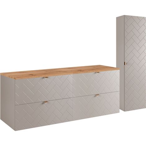 Furnidea - Ensemble un meuble sous vasque 160 cm avec le plan CHÊNE et une colonne 35/136 cm à suspendre MADIS CACHEMIRE - façades motif chevron (1/5)