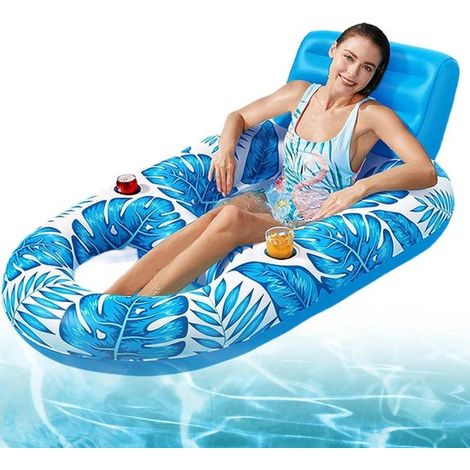 Tumbona flotante para piscina - Relájate en el agua - Con portavasos - 160x120x70cm - Azul (1/5)