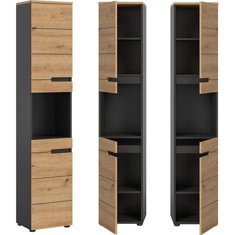 Badezimmer Hochschrank mit 38 cm Breite in Eiche mit grau, 2 Türen & 1 offenes Fach CORTANA-158 (1/5)