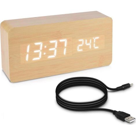 Réveil LED rectangulaire beige et blanc effet bois - Horloge numérique tactile avec affichage de la date, de l'heure et de la température, 2024 Ping (1/5)