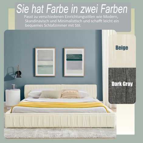 Lit double 160200cm, avec housse en chenille douce et veloutée, fabriqué en bois d'eucalyptus écologique et cadre en fer robuste, montage facile, beige (sans matelas) (1/5)