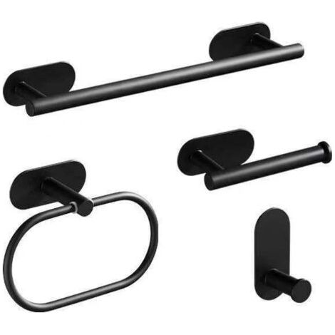Ensemble d'accessoires de salle de bain, porte-serviettes sans perçage (ensemble de 4 pièces), anneaux porte-serviettes en acier inoxydable noir, porte-papier toilette adhésif noir. (1/4)