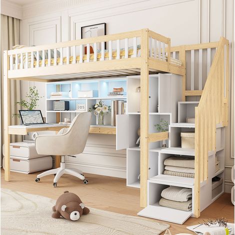 Lit mezzanine 90x200 avec bureau, LED, pin blanc HAVRYA (1/5)