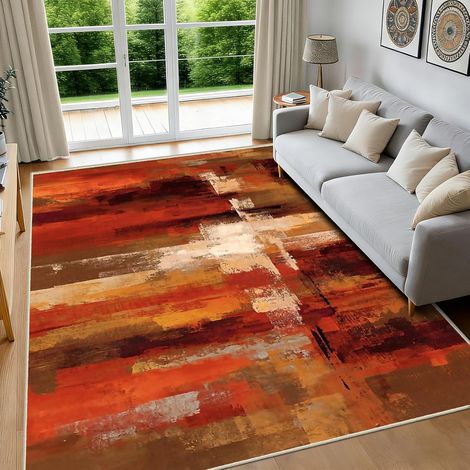 Tapis Poil Ras Salon Moderne Doux Moquette Chambre 160X230cm Lavable Descente De Lit Marron Orange pour Cuisine, Salle à Manger, Bureau Couloir-Tapis Multicolore (1/5)