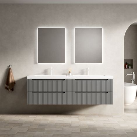 Mueble lavabo flotante, 160 cm, con lavabo integrado, cajones soft close, resina, gris oscuro (1/5)