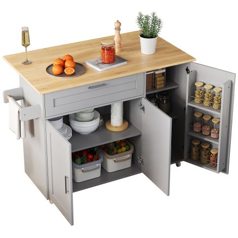 Kücheninsel mit klappbarer Arbeitsplatte 132,5x44(70)x90 cm, mobiler Küchentisch mit Schrank, Gewürzregal, Handtuchhalter, 5 Rollen