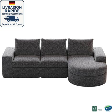 MODFU - Divano angolare a 3 posti, divano modulare a L, tessuto in ciniglia, imbottitura in schiuma, divano per soggiorno/camera da letto, 251×160×81 cm, grigio