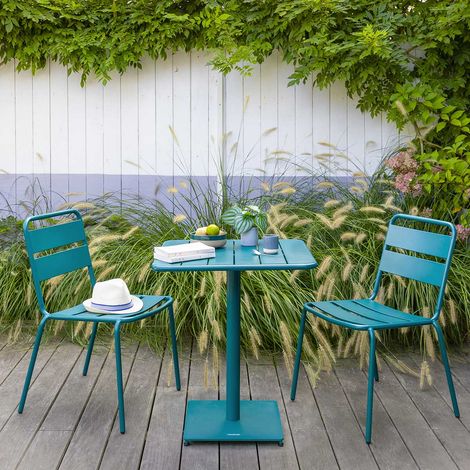 Hesperide – Table de jardin carrée 2 places en acier époxy bleu canard – Design moderne pour espaces étroits – Résistante aux UV et à la rouille