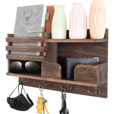 Porte-Clés Mural en Bois Massif 42 × 25,5 cm avec Étagère, Range-Courrier et 4 Doubles Crochets, Fixation Sans Perçage (1/4)