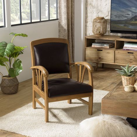 Macabane – Fauteuil club en teck et cuir marron – Dimensions 60 x 60 x 82 cm – Style colonial – Meuble monté (1/8)