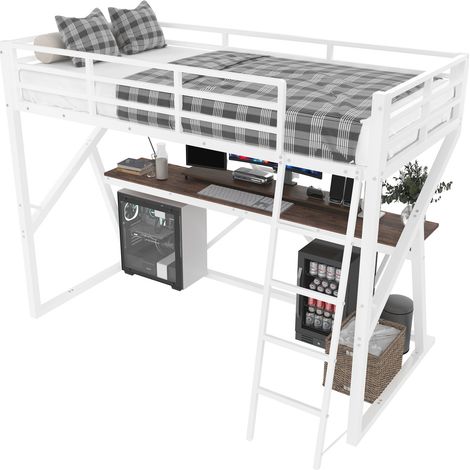 Lit mezzanine 90 x 200 cm en métal et MDF avec bureau, LED multicolore, garde-corps, escalier et couchage sans matelas pour chambre enfant - CHICFURN (1/5)