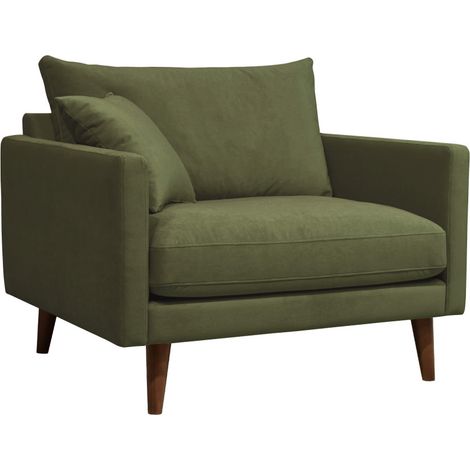 Fauteuil XL en velours pieds bois foncé - Vert olive - VILLABON (1/5)