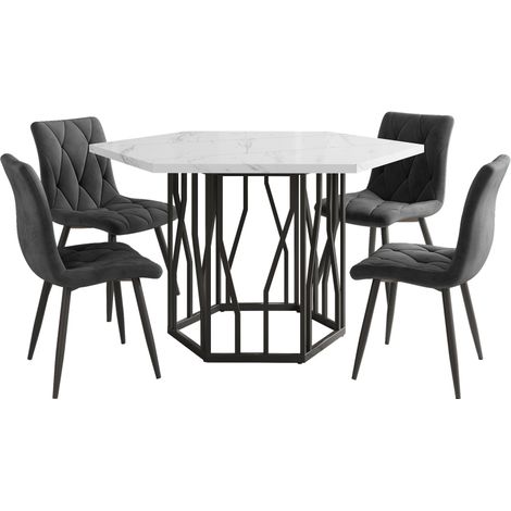 Ensemble table et 4 chaises velours gris, table hexagonale effet marbre (1/5)