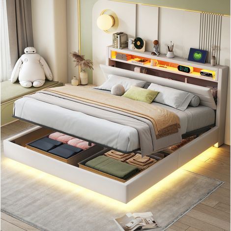 Bett modern 160x200 cm beige, Polsterbett mit drehbarem Kopfteil, Stauraum, USB und LED (1/5)