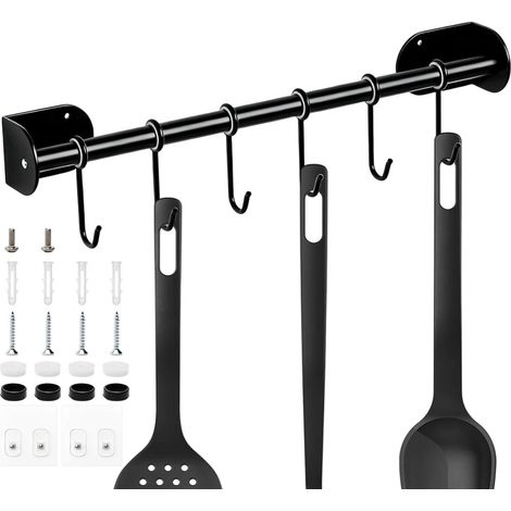 Porte Ustensiles Cuisine Mural, 40 cm Barre Cuisines Ustensile avec 6 Crochets Mobiles, Crochet Cuisine en Acier Carbone, Noir Porte-Ustensiles Mural, pour Cuillères, Spatules, Serviettes (1/5)