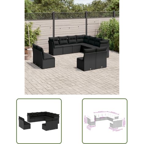 The Living Store 11-tlg. Garten-Sofagarnitur mit Kissen Schwarz Poly Rattan - Gartenmöbel - Rattan Möbel - Lounge Set - Gartenlounge - Esstischgarnitur (1/3)