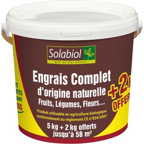 Engrais complet 5+2kg – Engrais biologique d'origine naturelle – Améliore la fertilité du sol – Pour cultures de jardin – Solabiol