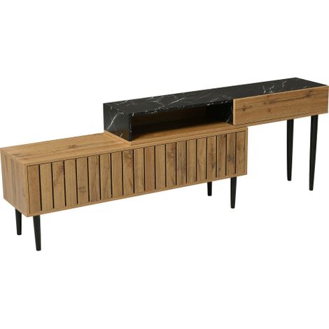 Meuble TV moderne avec motif marbré et veinures de bois, bordure en PVC, pieds en fer, couleur bois foncé, décoration d'intérieur, peu encombrant, solide et durable (1/5)