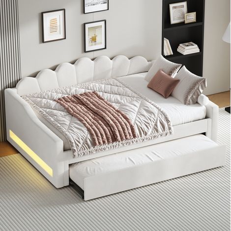Lit 140 x 200 cm avec lit gigogne LED beige HAVRYA (1/5)