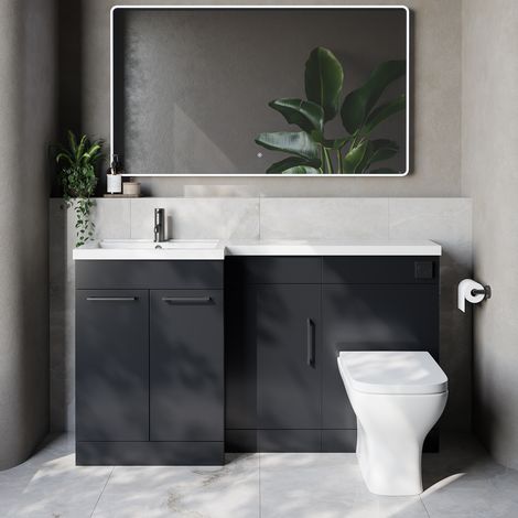 Napoli 390 Gloss Grey 1500mm 3 Door Vanity Unit Toilet Suite with Left Hand Square Lucia Basin - 1500mm - Gunmetal Grey 160mm HandleWith Kingston Toilet Pan and Seat