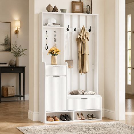 Meuble chaussures 100 x 30 x 180 cm avec banc, 8 crochets, 2 tiroirs et armoire, blanc HAVRYA (1/5)