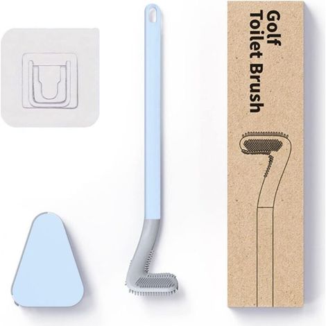 Golf-Toilettenbürste, Silikon-Toilettenbürste, Silikon-Toilettenset mit langem Griff, automatischer Öffnung und auslaufsicherem Sockel (Blau mit Sockel)
