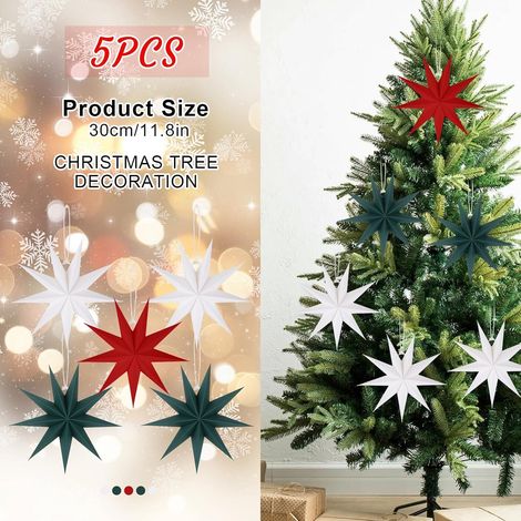 Lot de 5 étoiles de Noël en papier (30 cm) rouges, pliables à 9 branches, à suspendre, pour décoration de table de Noël, salle de mariage
