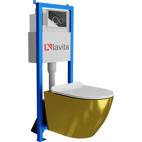 Bâti-support Lavita LAV 101 à 40 cm + WC Sofi Slim Gold/White sans bord + plaque de commande LAV 200.4.2 chrome Kit complet WC (1/5)