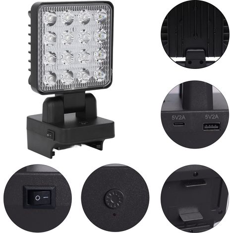 Lampe portable LED avec sortie USB/TYPE-C 5V2A, compatible avec les batteries au lithium plates Hitachi 18V BSL1815X, BSL1830, 330067, 330068, 330139, 330557 et BSL1825 18V. (1/5)