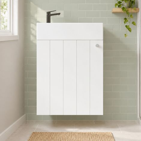 Meuble vasque mural 41 x 23 x 62,5 cm en MDF et céramique, blanc, porte soft-close (1/5)